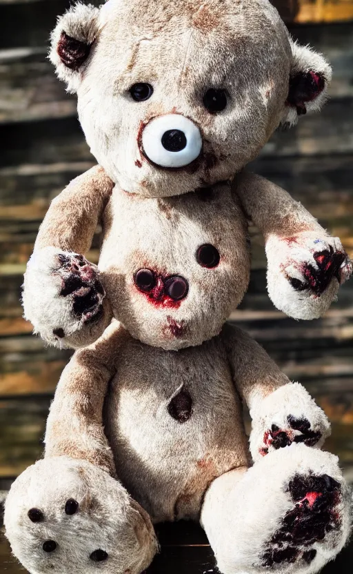 Image similar to plush zombie teddy bear, portrait photo, realistic, ultra wide lens, 2 k, ultra hd, uhd, 4 k, blu - ray, 8 k