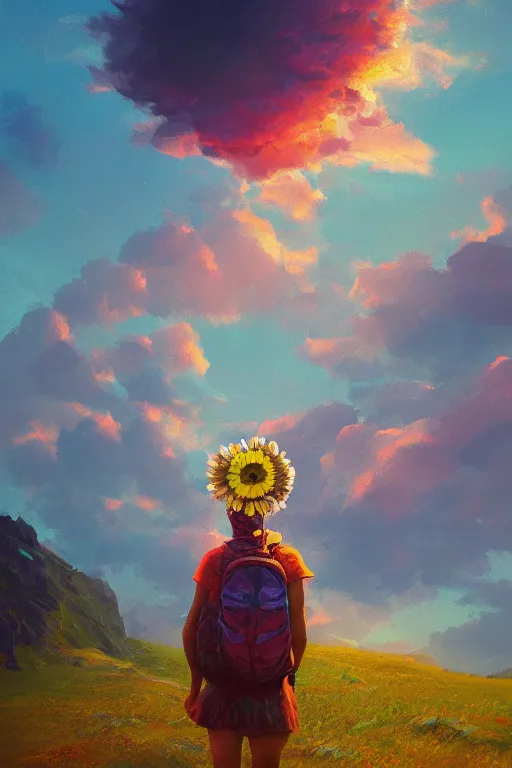 Image similar to giant daisy flower head, girl hiking in the mountains, surreal photography, sunrise, dramatic light, impressionist painting, colorful clouds, digital painting, artstation, simon stalenhag