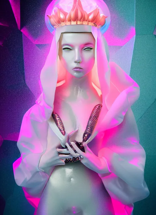 Prompt: photo of fullbodied baroque and bladerunner delicate neon diamond sculpture of seductive onyx albino marble prince joe jonas dotado pink iridescent humanoid deity wearing blue plastic hooded cloak holding an glass skull in a onyx alien dungeon, reclining, glowing magenta face, crown of white diamonds, cinematic lighting, photorealistic, octane render 8 k depth of field 3 d