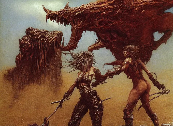 Image similar to cowgirl fighting monsters by Beksinski and Luis Royo