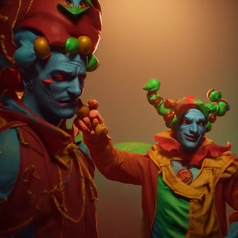 Image similar to a cinematic shot of man wearing jester costume, colorful, octane render, volumetric lighting, nvidia raytracing demo, by Andy Thomas, Mario Martinez, Daniel Mirante, Gustave Dore, Artstation, CGsociety, masterpiece