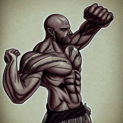 Image similar to muscular bald man, tattooed body, sword in hands, HD, anime style,