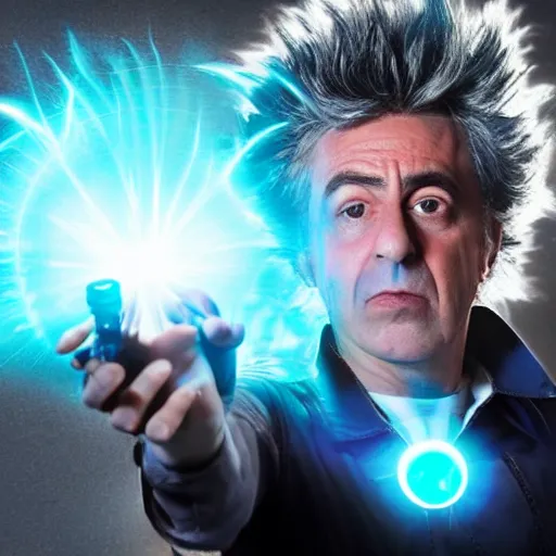 Image similar to Rick Sanchez as a real-life person, studio portrait, real-life-action movie star, holding a portal gun, opening a portal, Rick Sanchez