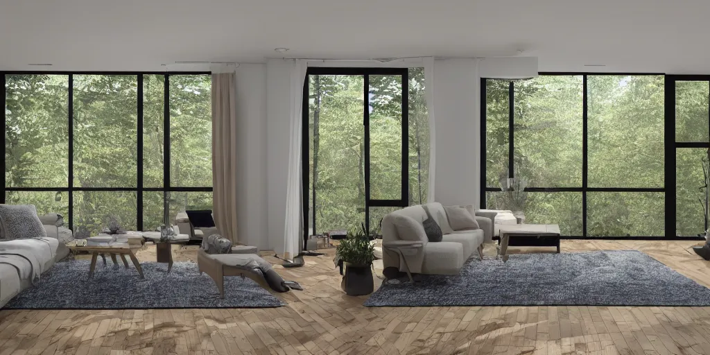 Image similar to a beautiful modern living room with wood floors, large windows with a beautiful view of a forest, an area rug, realistic, hd, 8 k, digital rendering, unreal engine, blender, octane, maya