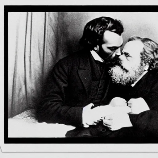 Prompt: Karl Marx and Nietzsche kissing, bedroom background, photo, 1920