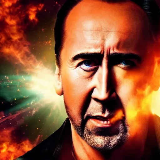 Image similar to the end of the world, shattered earth, judgment day, cinematic, disaster movie, 8k UDH, Upon a Pale Horse, starring Nic Cage, sly smile