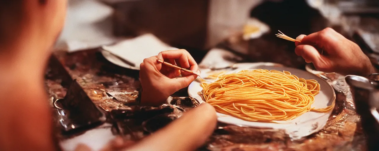 Prompt: an artist painting a portrait with spaghetti, canon 5 0 mm, cinematic lighting, photography, retro, film, kodachrome, closeup