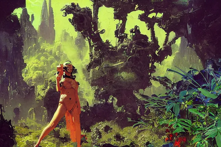 Prompt: pulp scifi illustration, space woman meets science fiction lizard in beautiful garden, flowers, baobab trees, distant town in valley and hills, spacehip lands, by norman rockwell, jack kirby, john berkey, bergey, craig mullins, ruan jia, raymond swanland, jeremy mann, beksinski, tom lovell, alex malveda, schomburg