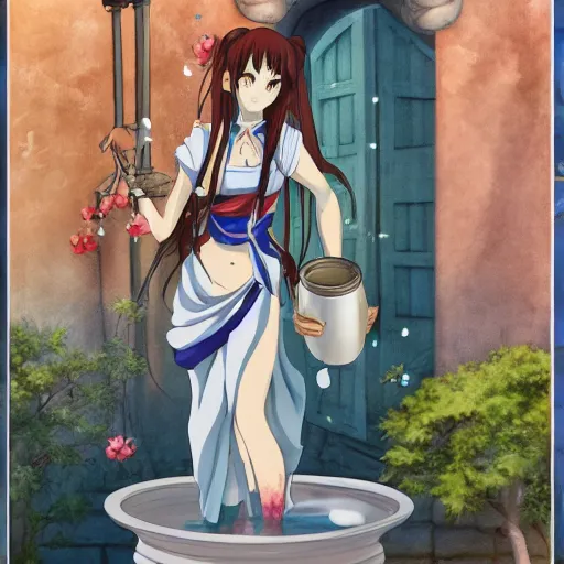 Image similar to an anime waifu in a greek attire pouring water out of a vase into a fountain, spanish ghibli alleyway