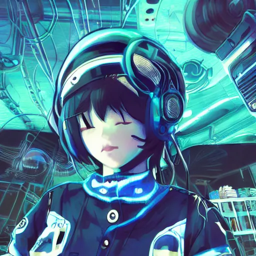 Image similar to Frequency indie album cover, luxury advertisement, blue filter, blue and black colors. Clean and detailed post-cyberpunk sci-fi close-up schoolgirl in asian city in style of cytus and deemo, blue flame, relaxing, calm and mysterious vibes, by Tsutomu Nihei, by Yoshitoshi ABe, by Ilya Kuvshinov, by Greg Tocchini, nier:automata, set in half-life 2, GITS, Blade Runner, Neotokyo Source, Syndicate(2012), dynamic composition, beautiful with eerie vibes, very inspirational, very stylish, with gradients, surrealistic, dystopia, postapocalyptic vibes, depth of field, mist, rich cinematic atmosphere, perfect digital art, mystical journey in strange world, beautiful dramatic dark moody tones and studio lighting, shadows, bastion game, arthouse