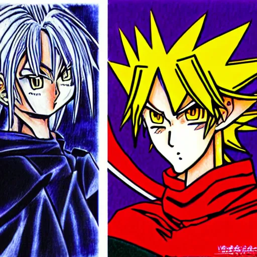 Prompt: portrait anime, manga drawing of yugi muto versus sauron by kazuki takahashi