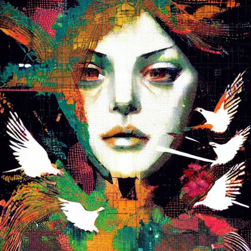 Image similar to portrait of a daydreaming woman being progressively rasterized into pixels, surrounded by digital birds, by yoji shinkawa, esao andrews and dave mckean