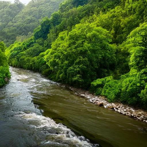 Image similar to a beautiful landscape, river, lush vegetation, 8K, photo