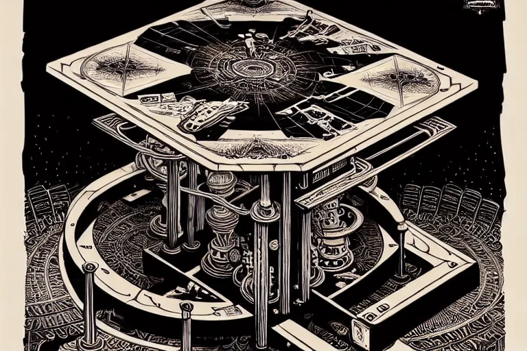 Image similar to majestic steampunk table, furniture, high details, bold line art, by vincent di fate and joe fenton, inking, etching, screen print, masterpiece, trending on artstation, sharp, high contrast, hyper - detailed,, hd, 4 k, 8 k