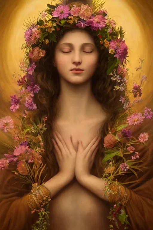 Image similar to the Divine Feminine, Beautiful, Flower Crown of the Gods, Woman, All Races, All Cultures, Female, Birth of creation, Mother Earth, Divinity, Hope, Ethereal, Renaissance Painting, Atmospheric Lighting, artstation trending