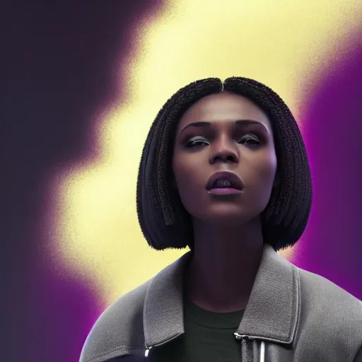 Image similar to black woman, hairstyle = short bob, hair colour = grey, eyes = purple, wearing dark green bomber jacket, realistic 4 k octane beautifully detailed render, 4 k post - processing, highly detailed, intricate complexity, epic composition, magical atmosphere, cinematic lighting, masterpiece, ultra hd