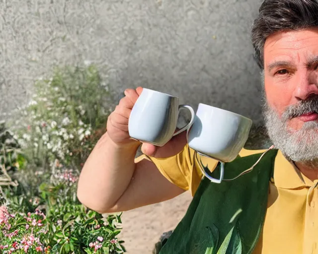 Image similar to mr robert is drinking fresh tea in a garden from spiral mug, detailed face, wearing choker, grey beard, golden hour, red elegant shirt