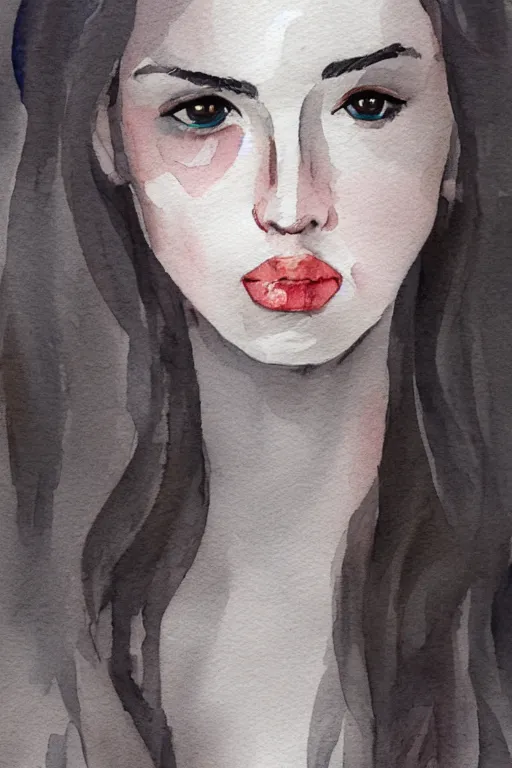Prompt: beautiful face woman, grey, colorless and silent, watercolor portrait