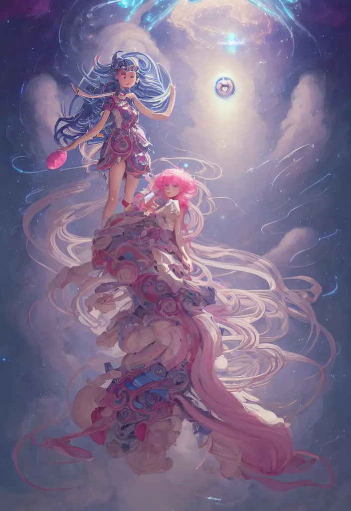 Prompt: full body picture of an maximalist dress magical girl, neat hair with bangs, smug face, extremely beautiful and aesthetic and detailed cute face and eyes, wipe out evils with cute astronaut familiar sprites, aming the magical beams to the camera, chiaroscuro, intricate, masterpiece, epic fantasy illustrations by peter mohrbacher and anato finnstark and jeremy lipking