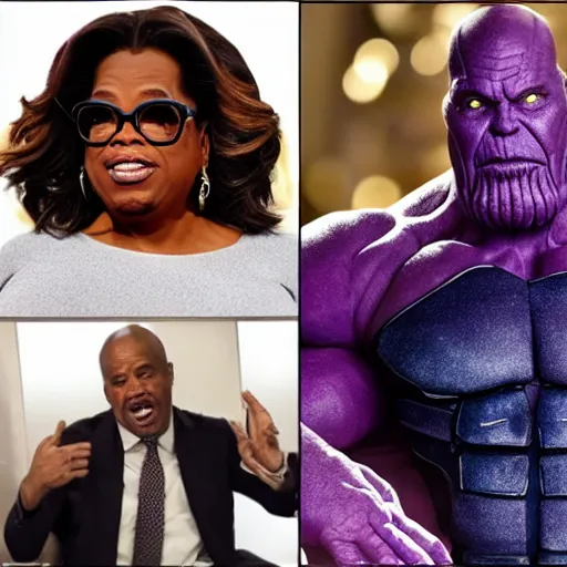 Prompt: thanos being interviewed by oprah