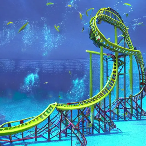 Image similar to underwater roller coaster, photorealistic, detailed