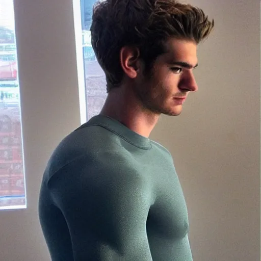 Image similar to “a realistic detailed photo of a guy who is an attractive humanoid who is half robot and half humanoid, who is a male android, Andrew Garfield, shiny skin, posing like a statue, blank stare”