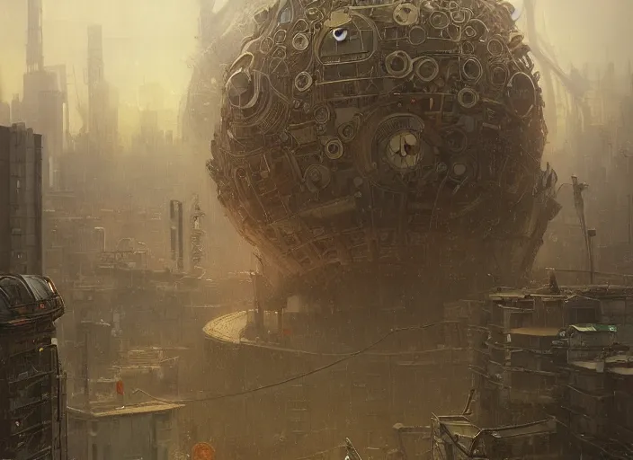 Prompt: giant mechanical brain, city is pure wasteland, rain, dusk, low saturation, alphonse mucha, greg rutkowski, trending on artstation, artgerm, breathtaking, sharp focus, smooth, mark arian, award winning, highly detailed 4 k art