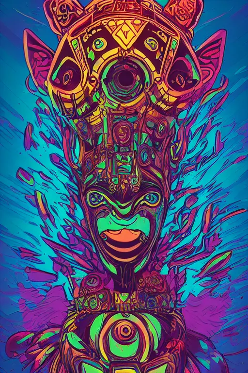 Image similar to totem animal tribal chaman vodoo mask feather gemstone plant wood rock video game illustration vivid color borderlands by josan gonzales and dan mumford radiating a glowing aura