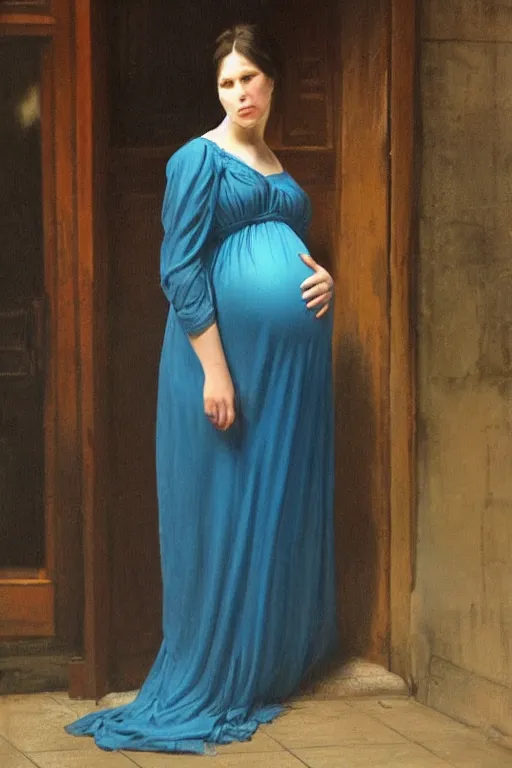 Prompt: pregnant woman in a small blue dress on night street, highly detailed, sharp focused, ultra realistic digital concept art by Edwin Longsden Long