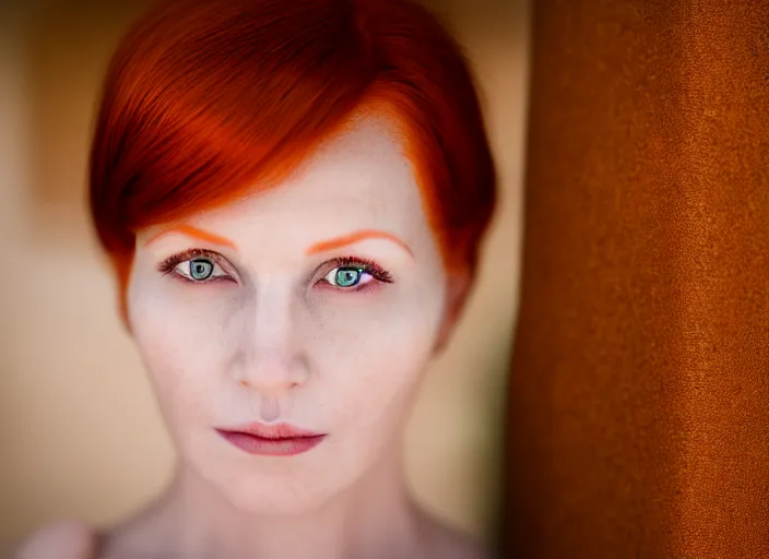 Image similar to 5 5 mm portrait photo of a redhead woman's face with ( intricate cat eyes ). highly detailed 8 k. intricate. lifelike. soft light. nikom d 8 5 0. cinematic post - processing