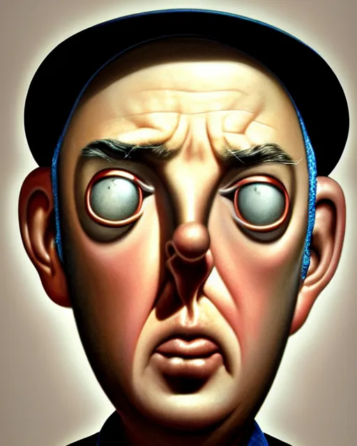 Image similar to closeup face profile portrait of a tin toy jacques tati, hyper realistic, artstation, illustration, nicoletta ceccoli, mark ryden, lostfish, max fleischer, digital paint, matte paint, vivid colors, dark, sinister, detailed and intricate environment