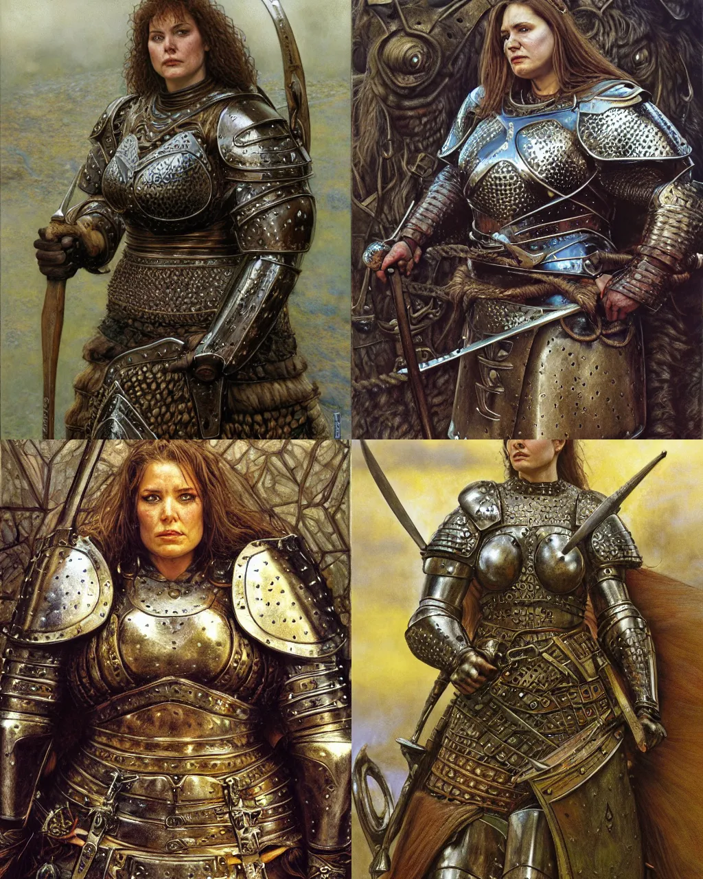 Prompt: portrait, big robust female medieval warrior wearing heavy iron breastplate, scottish style, ultrarealistic, hyperdetailed, smooth, reflections, soft lighting, sharp focus, intricate, by donato giancola, brian froud