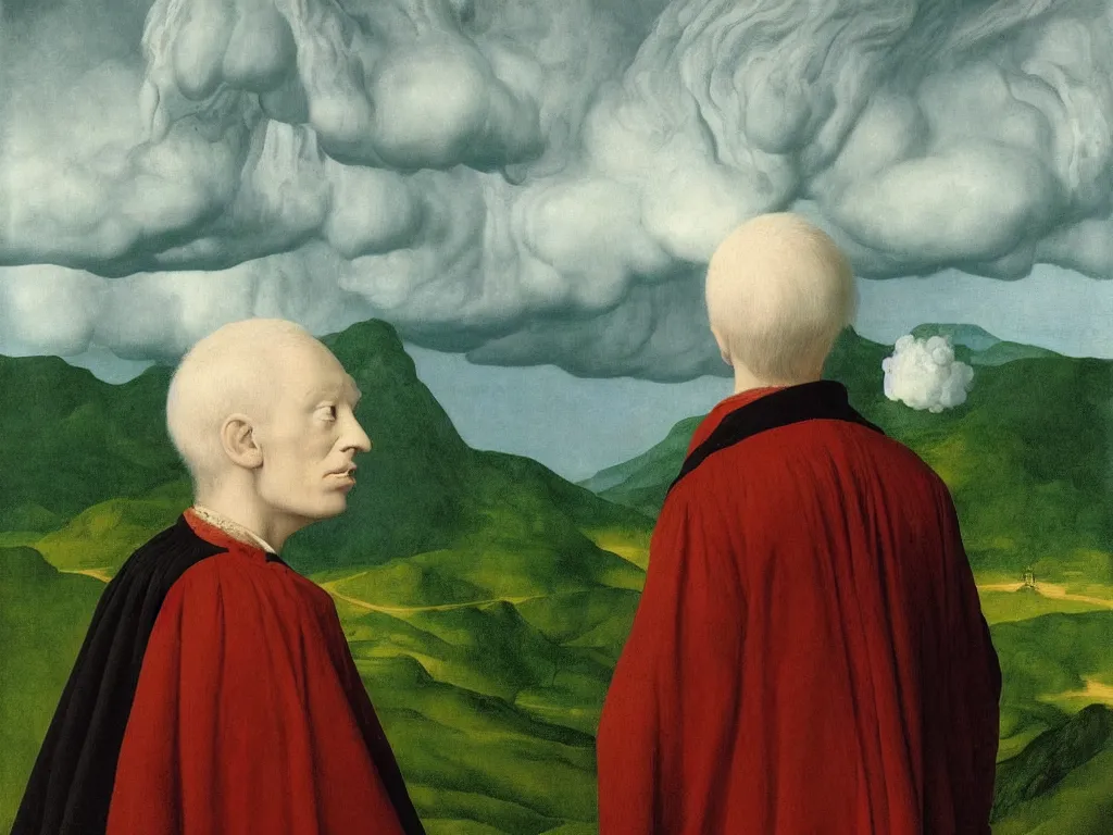 Prompt: albino mystic, with his back turned, looking at a storm over over the mountains in the distance. Painting by Jan van Eyck, Audubon, Rene Magritte, Agnes Pelton, Max Ernst, Walton Ford