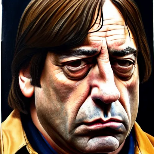Prompt: javier bardem as anton chigurh in no country for old men. neutral menacing stare. oil painting by lucian freud. path traced, highly detailed, high quality