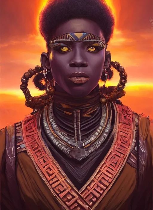 Prompt: highly detailed digital painting of afrofuturistic wakandan scientist biocircuitry voodoo priest, masculine and sinister, artstation, concept art, matte, sharp focus, illustration, dramatic, cinematic sunset, hearthstone, art by artgerm and greg rutkowski and alphonse mucha