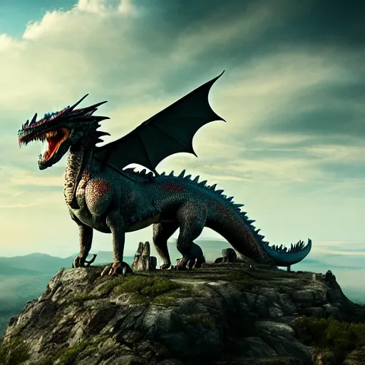 Image similar to giant dragon standing on a mountain, highly detailed, 4 k, hdr, award - winning, directed by zack snyder