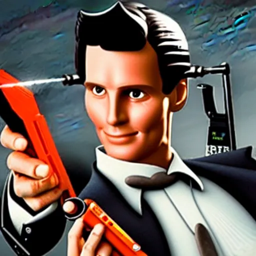 Image similar to Patrick Bateman holding a nerf blaster, movie poster