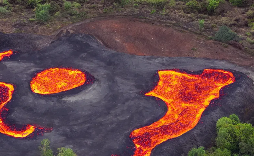 Prompt: a skatepark surrounded by molten lava, aerial photo