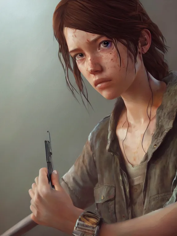 Image similar to A ultra detailed beautiful painting of Ellie (Last of Us), oil panting, high resolution 4K, by Ilya Kuvshinov, Greg Rutkowski and Makoto Shinkai