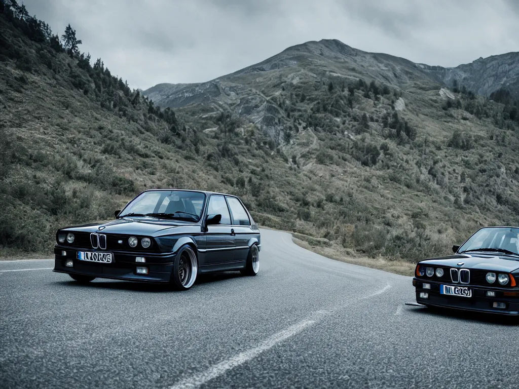 Prompt: a single modified bmw e 3 0 with lights on a mountain road, motion blur, 3 5 mm photography, car photography, clean lines, realistic