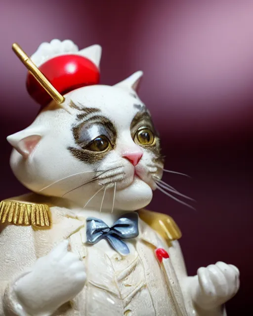 Prompt: high quality presentation photo of a a detailed porcelain figurine of a cute cat dressed as Napoleon holding a piece of chesse, photography 4k, f1.8 anamorphic, bokeh, 4k, Canon, Nikon