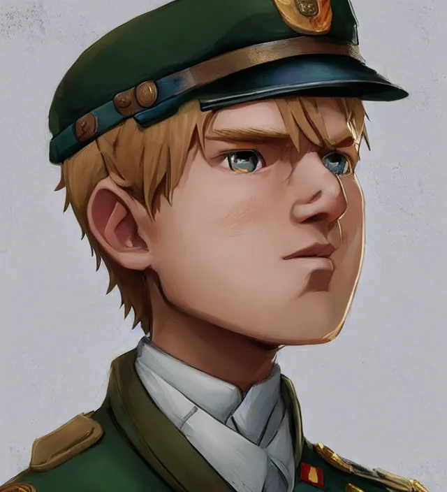 Image similar to character concept art of a cute young german boy with blond hair and bluish eyes, wearing a military uniform. lovely - fine - face, key visual, realistic shaded perfect face, fine details by rossdraws, james jean, andrei riabovitchev, marc simonetti, sakimichan, trending on artstation