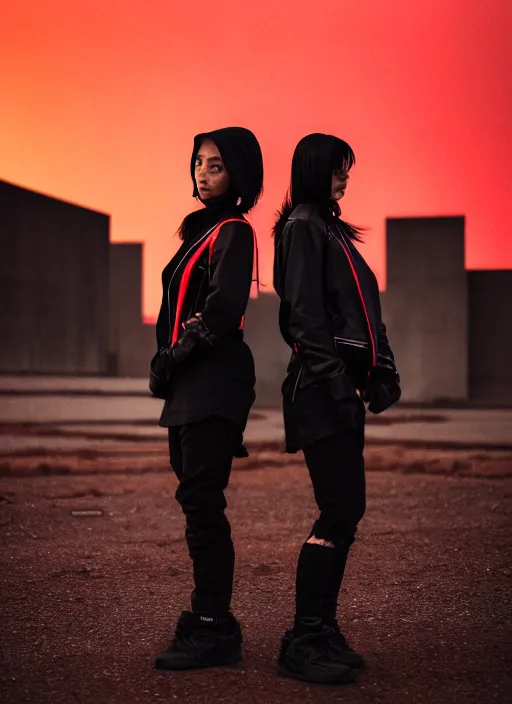 Image similar to cinestill 5 0 d photographic portrait of 2 women wearing black techwear in front of a brutalist sharp - edged metal building, closeup, on a desolate plain with a red sky, dystopia, cyberpunk, closeup, depth of field, 4 k, 8 k, hd, full color