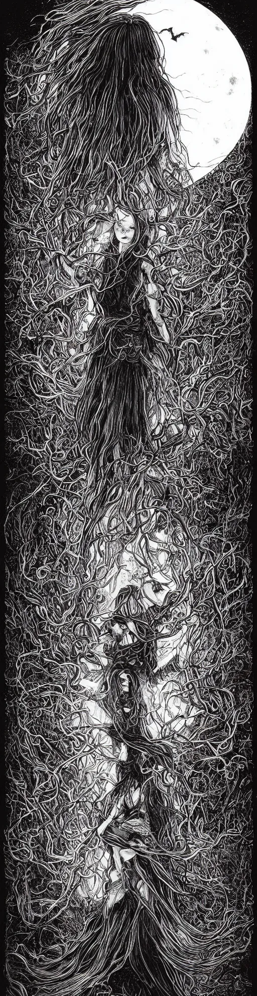 Prompt: portrait, A Witch from behind with long hair levitating in front of the full big moon, book cover with title 'witchhunt' red white and black colors, establishing shot, extremly high detail, foto realistic, cinematic lighting, pen and ink, intricate line drawings, by Yoshitaka Amano, Ruan Jia, Kentaro Miura, Artgerm, post processed, concept art, artstation, matte painting, style by eddie mendoza, raphael lacoste, alex ross