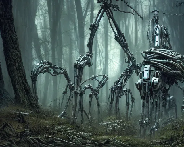 Image similar to photo of general grievous with heavy duty biomechanical hydraulic cybernetic body and 4 arms holding lightsabers in the forest. cyberpunk horror style. highly detailed 8 k. intricate. nikon d 8 5 0 5 5 mm. award winning photography. art by hr giger and zdzislaw beksinski in the style of hzd