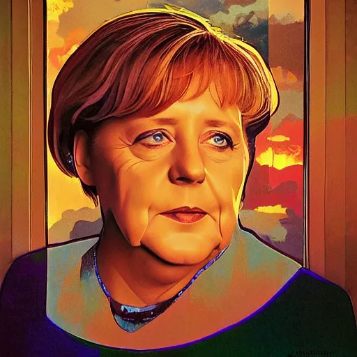 Prompt: angela merkel in glassy liquid amber, backlit, sunset, refracted lighting, art by collier, albert aublet, krenz cushart, artem demura, alphonse mucha