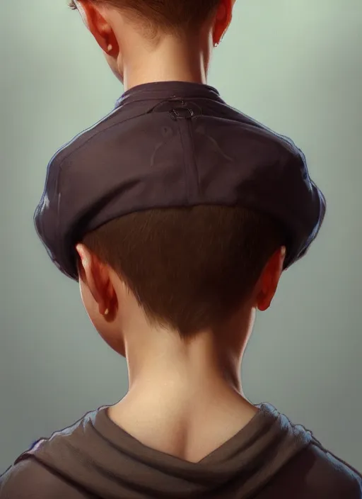 Image similar to perfectly - portrait of a boy from behind, intricate, highly detailed, digital painting, artstation, concept art, smooth, sharp focus, illustration, unreal engine 5, 8 k, art by artgerm and greg rutkowski and alphonse mucha