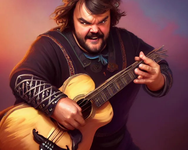 Prompt: photography of jack black with a guitar singing 8 k, deep focus, d & d, fantasy, intricate, elegant, highly detailed, digital painting, artstation, concept art, matte, sharp focus, illustration, hearthstone, art by artgerm and greg rutkowski and alphonse mucha