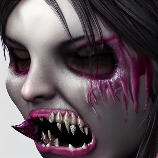 Image similar to Mileena with her gruesome mouth, realistic render by gammell + giger + artgerm