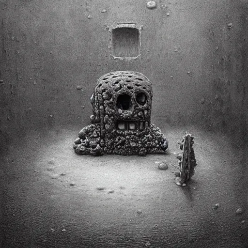 Image similar to dessicated spongebob rotting at the bottom of the sea beksinski